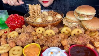 ASMR EATING SPICY NOODLESFRIED CHICKENPOTATO SMILEYSCHICKEN BURGERRED CHILLI ASMR EATING [upl. by Allerbag]