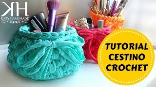 Cestino in fettuccia  Crochet basket  Fondo tondo  Katy Handmade [upl. by Yragerg]