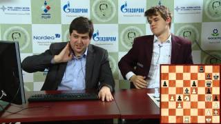 Tal Memorial 2011 Round 6 Peter Svidler and Magnus Carlsen speaking about their game [upl. by Moulton191]