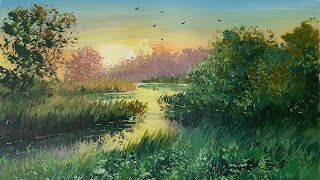 How To Paint Sunrise Landscape With Acrylic Step By Step  How To Make Easy Landscape  Time Lapse [upl. by Krystle]