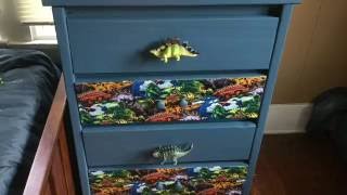 DIY How to  Makeover paint mod podge little boys wood dresser dinosaur fabric [upl. by Refotsirk]