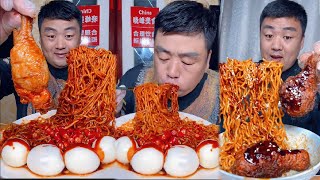 mukbang food  Eating Frying Noodles With Chili And Small fried chicken thighs amp Egg [upl. by Urbas]