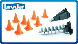 Bruder Toys Accessories Mini Excavators Hyrolic Hammer Auger Pylons 02408 [upl. by Aryl771]