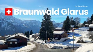 Braunwald Switzerland  Sunny Winter Walk in Glarus  Adorable Mountain Village [upl. by Ehttam]