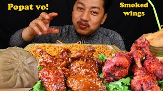 Smoked chicken wings chicken lolipop big momo spicy noodles mukbang [upl. by Moonier124]