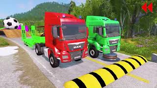 Double Flatbed Trailer Truck Vs Speedbumps Train Vs Cars Beamngdrive In Reverse 118 [upl. by Aelem]