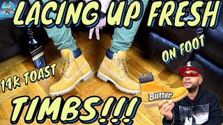 LACING FRESH TIMBERLANDS  UNBOXING amp ON FOOT  14k TOAST [upl. by Ettenna]