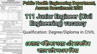 111 JE Post in PHED DepartmentAssam  Junior Engineer Vacancy  No exam [upl. by Juline]