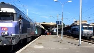 France 2x SNCF diesel Class CC 72100 locomotives pass at Belfort station FrancheComte region [upl. by Eugenle]