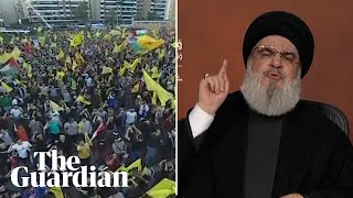 Crowds in Beirut cheer as Hezbollah leader taunts Israel in speech [upl. by Anilasor]