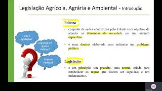 aula 1 legislação agrícola  agrária e ambiental [upl. by Novaat]