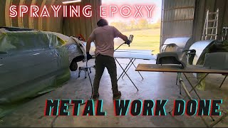 Spraying epoxy primer after metal work 1970 LTD restoration [upl. by Afira774]