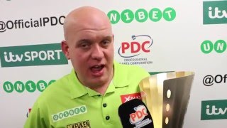 INTERVIEW Michael van Gerwen is the 2016 Unibet Masters Champion [upl. by Eniahpets776]