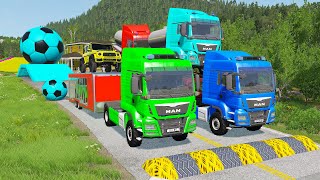 Double Flatbed Trailer Truck vs Speedbumps Train vs Cars  Tractor vs Train BeamngDrive 058 [upl. by Rondi]