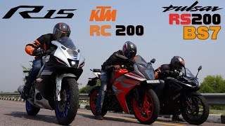 New 2023 Pulsar RS200 BS7 vs KTM RC200 vs Yamaha R15m Drag Race [upl. by Portingale]