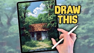 PROCREATE Landscape DRAWING Tutorial in EASY Steps  Secret Forest Hut [upl. by Jana353]