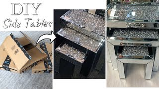 DIY GLAM SIDE TABLES WITH AMAZON BOXES QUICK AND EASY TRANSFORMATION INTO TO GLAM SIDE TABLES [upl. by Nottarts]