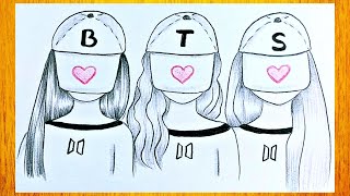 Cómo dibujar tres hermanas  Cómo dibujar tres mejores amigas  Dibujo simple BTS Army [upl. by Hniv]