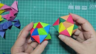 Octaedro estrelado Montagem  12 unidades sonobe com 3 cores  Origami Modular  Kusudama [upl. by Reilly]