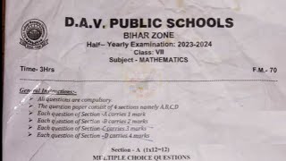 DAV Class 7 Maths Half Yearly Question paper 20232024 DAV class 7 Mathematics question Paper [upl. by Chobot]