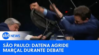 🔴SBT News na TV Datena é expulso de debate após dar cadeirada em Marçal [upl. by Yblok647]