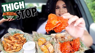 NEW WINGSTOP THIGHS THIGHSTOP MUKBANG garlic parmesan amp hot thighs cajun fries parmesan corn [upl. by Dee506]