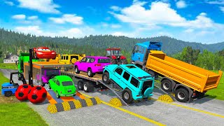 TRANSPORTING PIXAR CARS amp FRUITS WITH COLORED amp JOHN DEERE vs CLAAS vs TRACTORS  BeamNGdrive 962 [upl. by Julide]