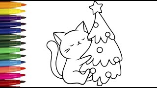 How to Draw a Cute Christmas Tree with a happy cat Easy Drawing and Coloring for Kids [upl. by Reena]