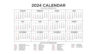 Free Year 2024 Calendar Printable with Holidays  Wiki Calendar [upl. by Eliam]