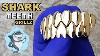 14K Gold Plated Shark Teeth Grillz 8 on 8 Set Premade Grills [upl. by Aljan]