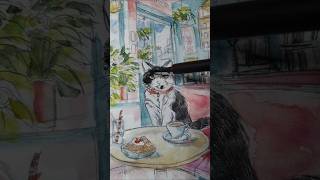 Ballpoint pen and watercolour  Cafe cat catvember [upl. by Nilram589]