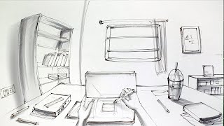 Room drawing from your own point of view  5 point perspective [upl. by Brendis]