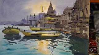 Banaras ghat watercolor landscape [upl. by Ahsirpac]