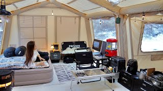 10°C winter camping in the snow in an inflatable tent with balcony [upl. by Nylkoorb740]