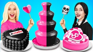 Wednesday vs Barbie Cooking Challenge Pink vs Black Food Color by YUMMY JELLY [upl. by Nuhsal888]