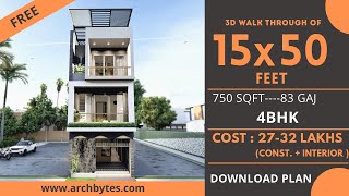 15x50 House Design 3D  750 Sqft  83 Gaj  4 BHK  Modern Design  Terrace Garden  4x15 Meters [upl. by Siroved377]