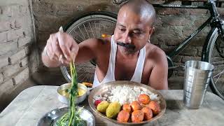 Bhatkerela boilEgg fryBhaatiRice with dead leaves boiled and fish gaztened curry [upl. by Kathrine]