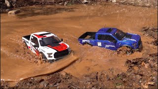 RC UTOPIA  MUD BATH ADVENTURE  TWO Imaginary FORD RAPTORS in the MUCK [upl. by Anaerb]