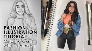 FASHION ILLUSTRATION TUTORIAL Coloring a Girl with Promarkers [upl. by Aseuqram611]