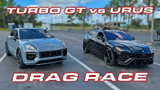 SUPER SUV SHOWDOWN  Porsche Cayenne Turbo GT vs Lamborghini Urus 14 Mile Drag Race [upl. by Enyawad]