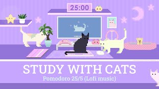 Study with Cats 💜 Pomodoro 255 x Animation  Focus 1 hour with Calm Lofi  Cute purple desk setup ♡ [upl. by Nrehtac]