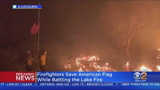 Fire Crews Battling Lake Fire Save American Flag from Burning Property [upl. by Yzzo]