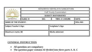 Half Yearly Exam  Class3 MATHS Exam Question Paper For KENDRIYA VIDYALAYA Students [upl. by Sigrid]