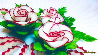 The Beauty Of Rose Carving Garnish Best Vegetable For Flower Design  Red Radish amp Cucumber [upl. by Blaseio]