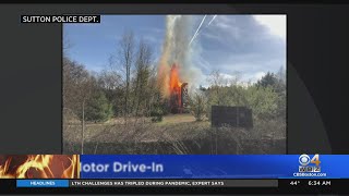 Sutton Motor Inn Screen Goes Up In Flames As Brush Fire Spreads To Abandoned DriveIn [upl. by Volny]