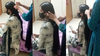 long hair oiling combing and making beautiful braid by friend [upl. by Hitt]