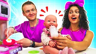 Feeding baby doll amp pretend play cooking toy food for dolls Familyfun video for kids [upl. by Annohsat130]