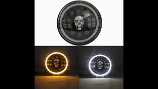 Motorcycle 7 inch Projector LED Headlight RGB Skull Design With White Yellow Halo Ring High Low Beam [upl. by Gehlbach]