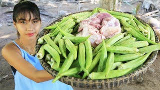 Yummy cooking lady finger with BBQ Pork recipe  Cooking skill [upl. by Hauge51]