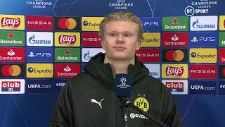 quotYou sleeping lonely tonightquot Seriously awkward Erling Haaland interview after Brugge 03 Dortmund [upl. by Nedyarb]